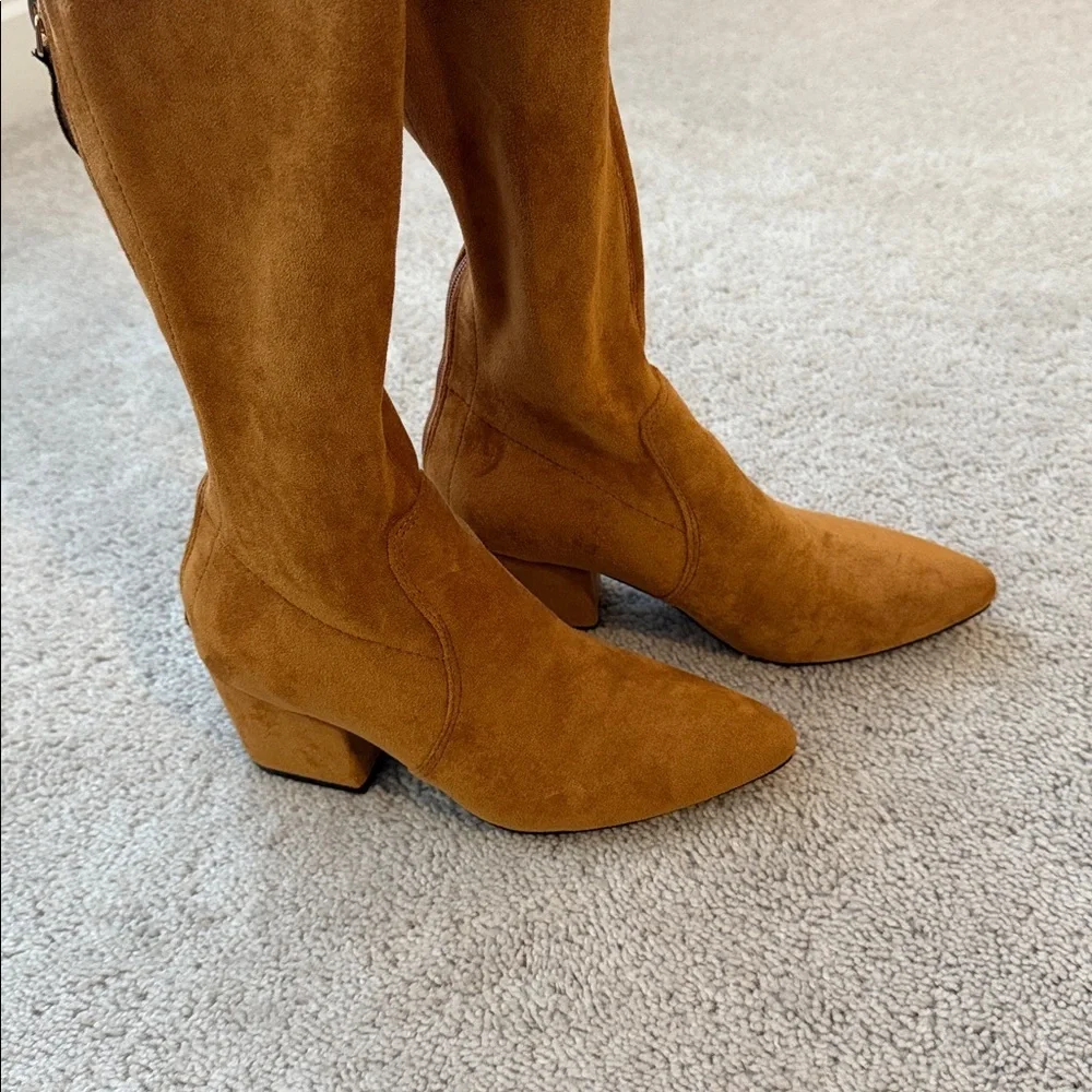 Goodnight Macaroon ‘Marlo’ Over-The-Knee Boots | Size 37 | Tan Suede Leather